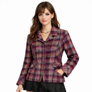 Christopher & Banks Plaid Magenta And Purple Checkered Jacket Blazer #52